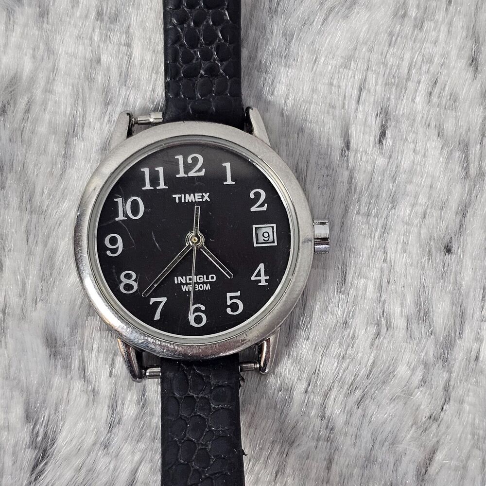 Timex Indiglo Watch Men Silver Stainless Steel WR Black Leather Battery Light 12